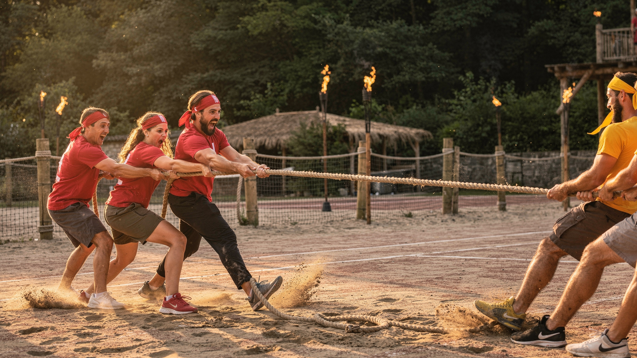 Équipe en pleine épreuve sur l'arène de sable tropicale de Koh-Lantilff au coucher du soleil